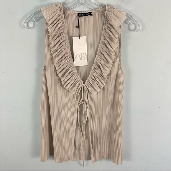 Zara Sleeveless V-neck Rufle Pleated Tie Front Top Blouse Size M - Picture 11 of 15